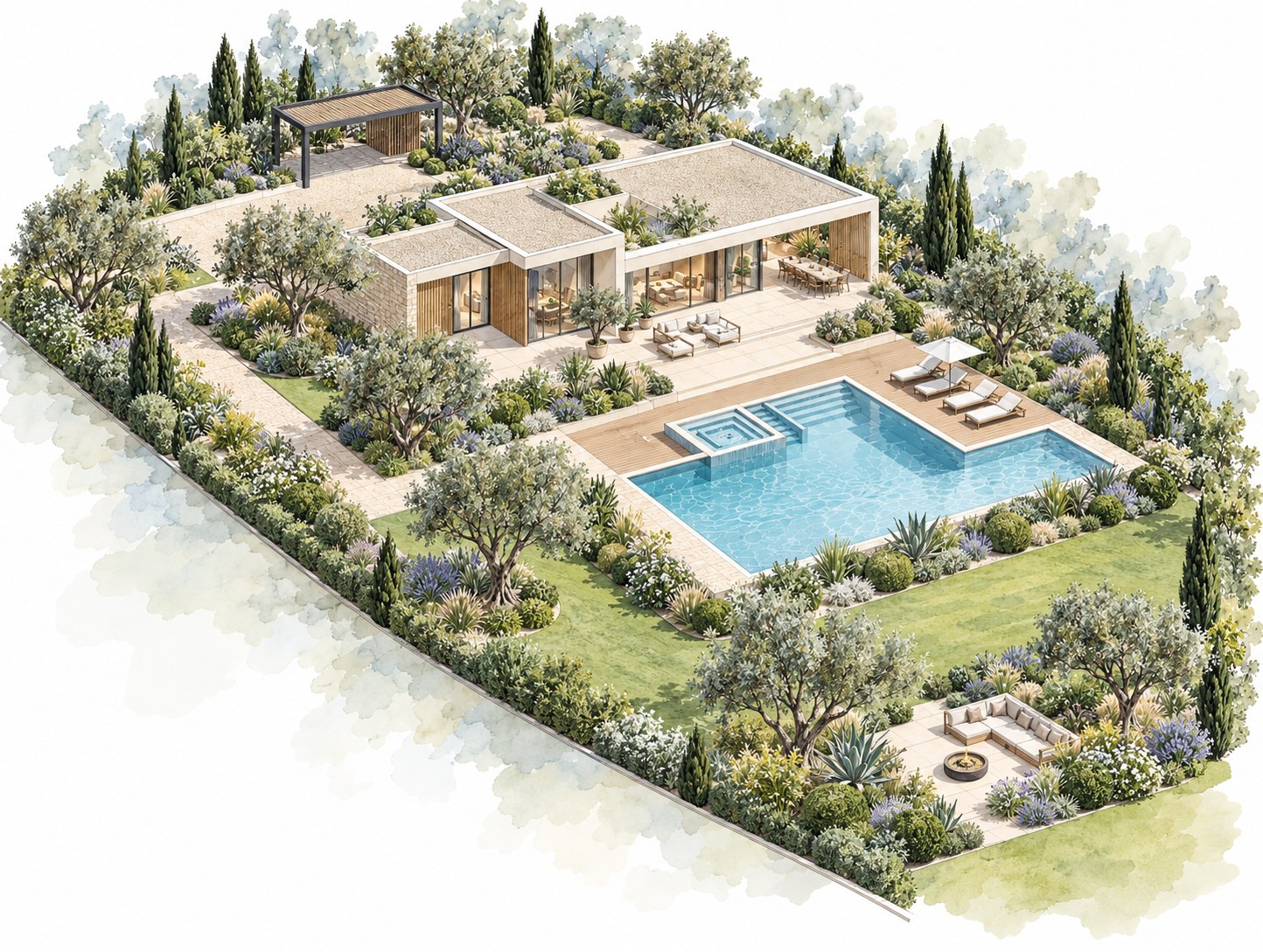 Perspective paysagère d'une villa méditerranéenne avec piscine et jardin