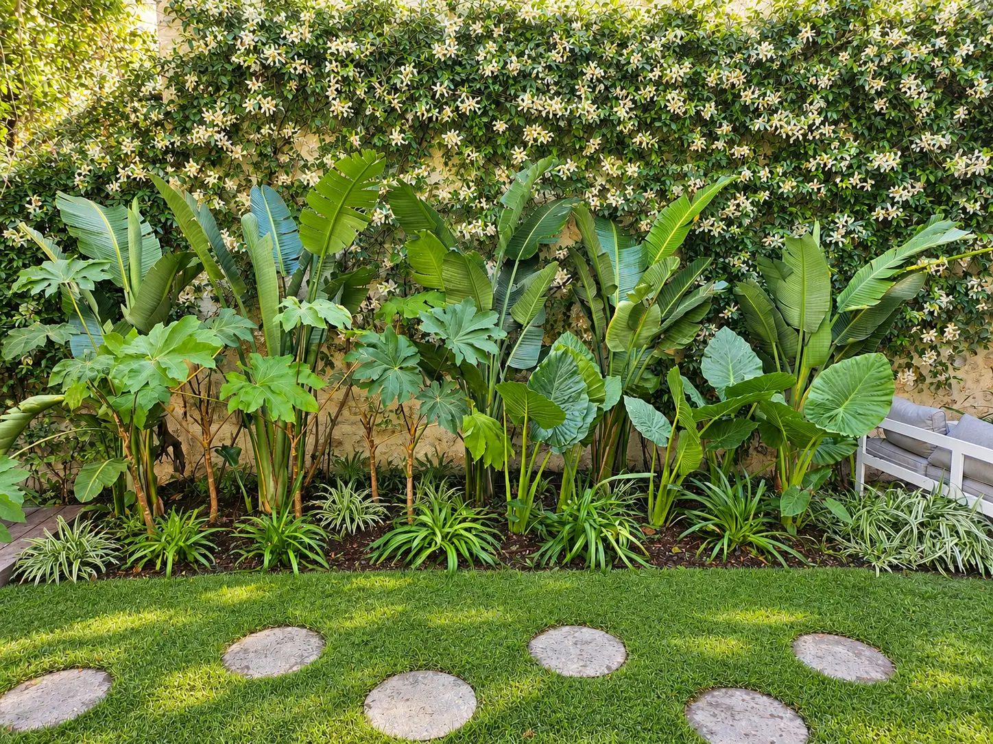 Massif tropical de bananiers et strelitzias